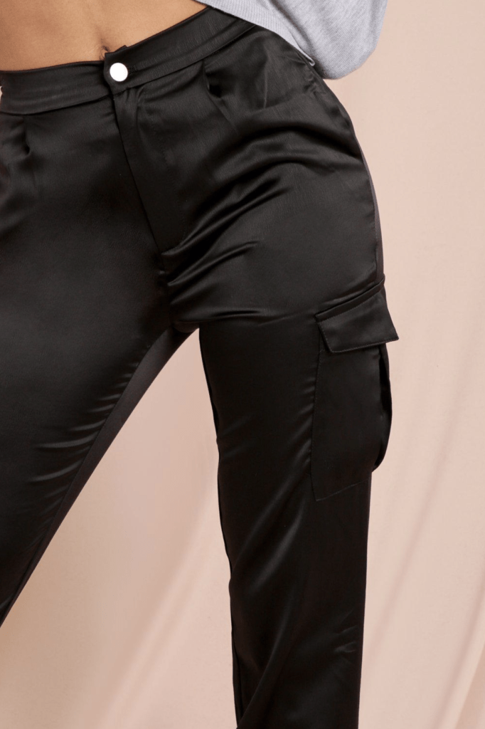 Black Satin Cargo Pants. LA CHIC PICK