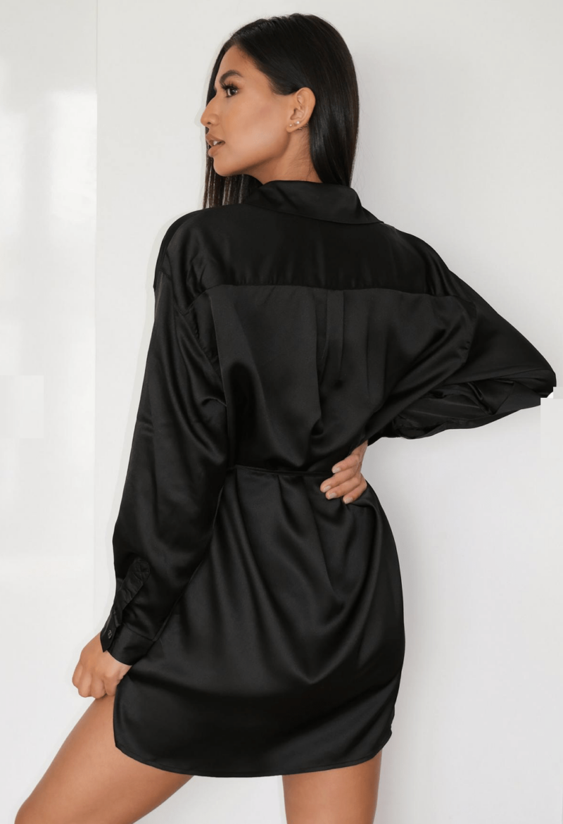 Opera Black Satin Shirt Dress - Image 4