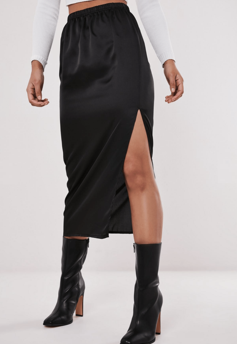 Becky Black Satin Midi Slip Skirt - Image 2