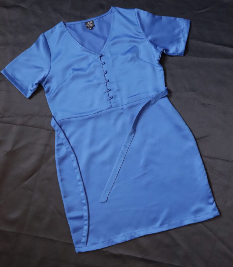 POWER BLUE BACK TIE WAIST SATIN TEA DRESS - Image 2