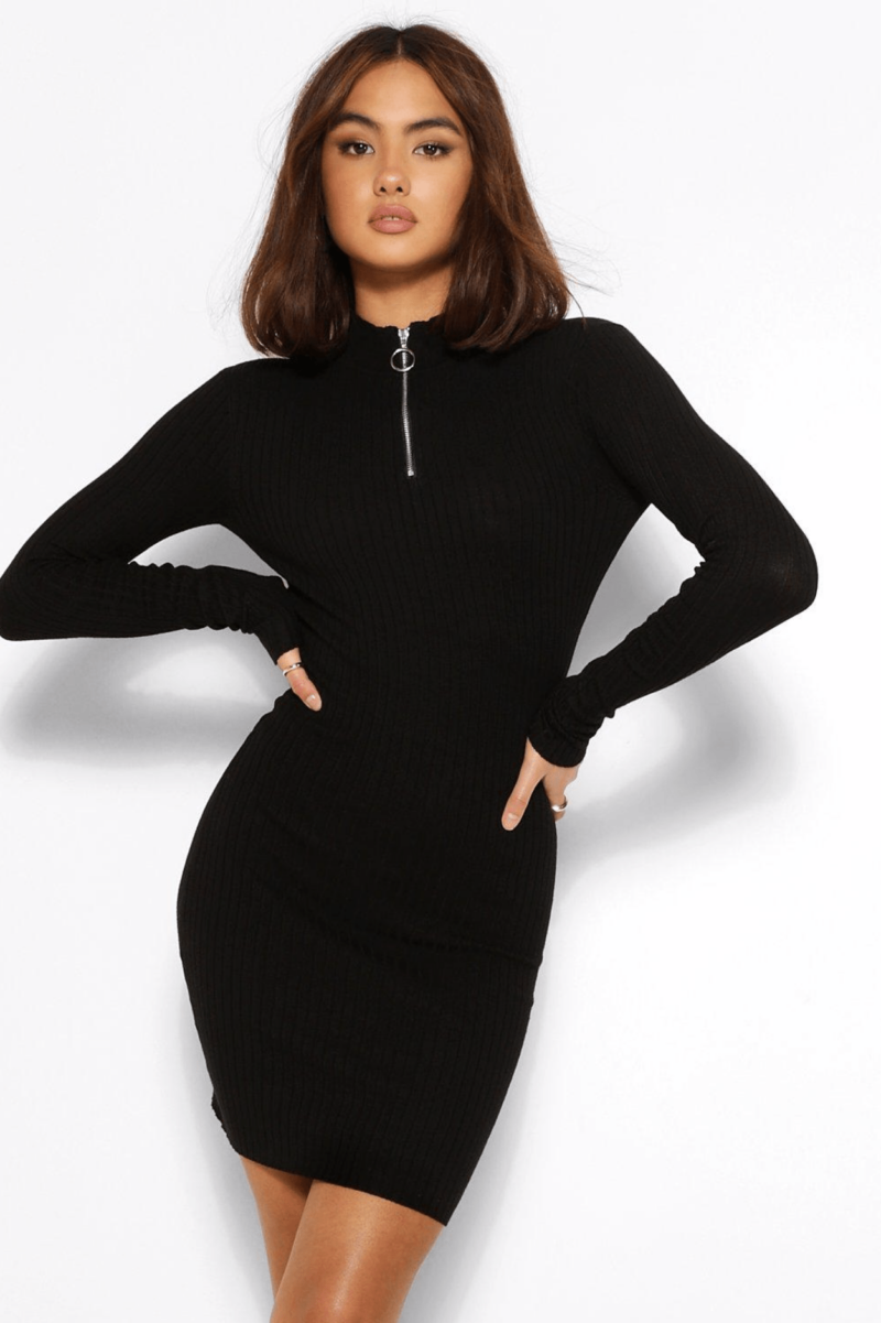 WANDA ZIP FRONT BLACK RIB KNIT DRESS