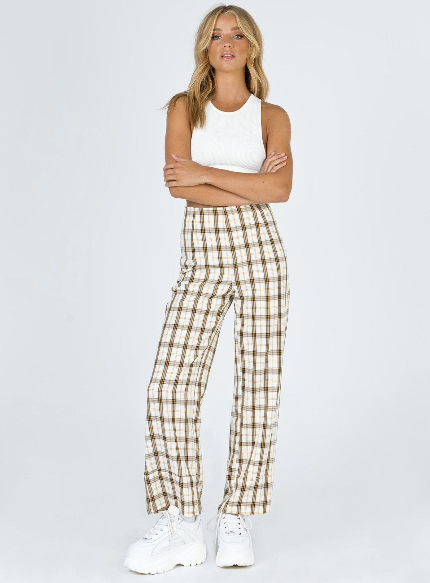 Caramel Check | Wide Leg Trousers | Pure Collection