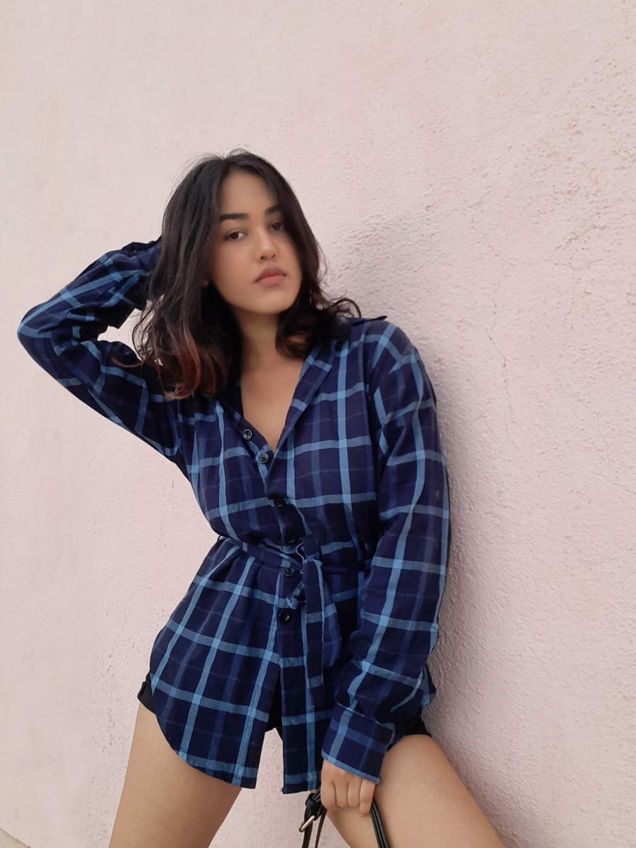 oversized blue check shirt