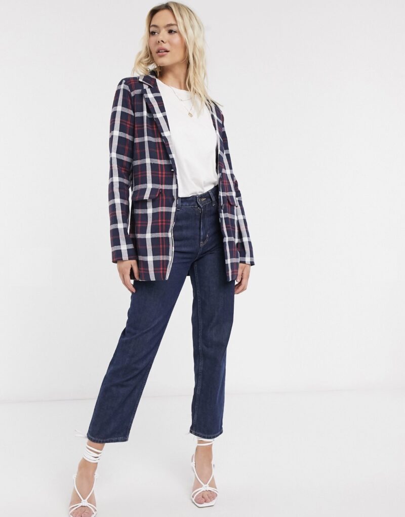 Selena Longline Blazer In Navy and Red Check - Image 4