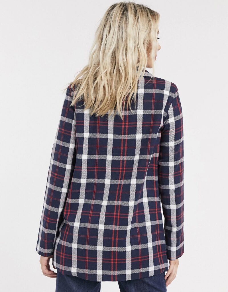Selena Longline Blazer In Navy and Red Check - Image 3