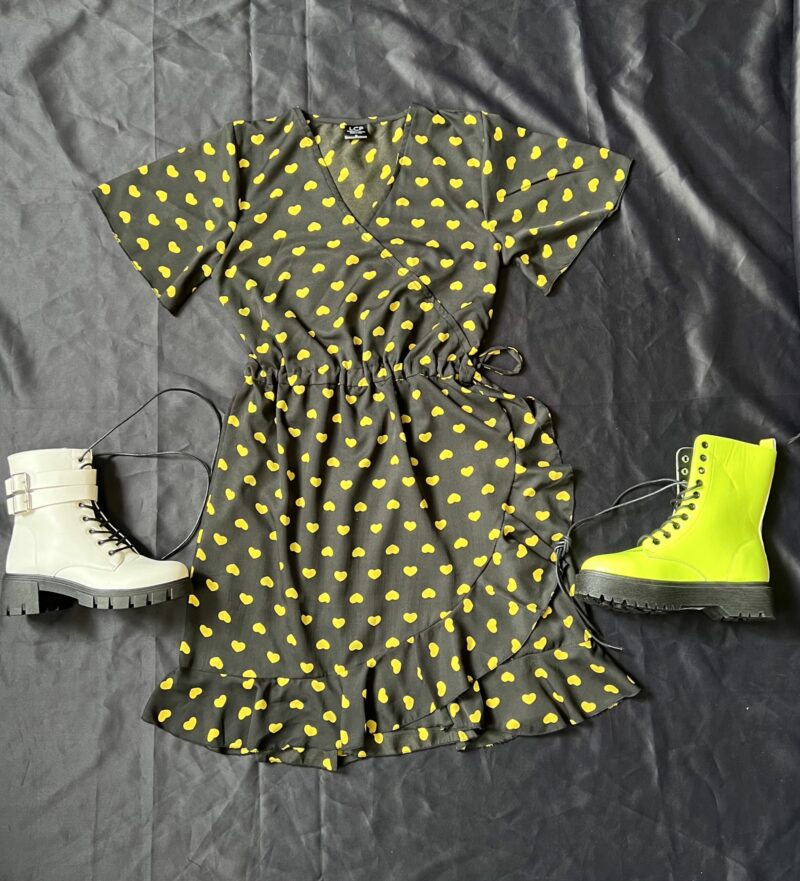 Yellow Heart Print Frill Hem Shift Dress - Image 3