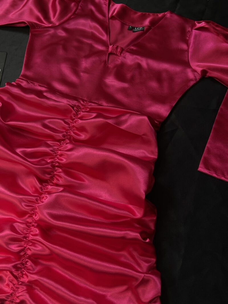 Pink Satin Ruched Bow Detail Mini Dress - Image 2