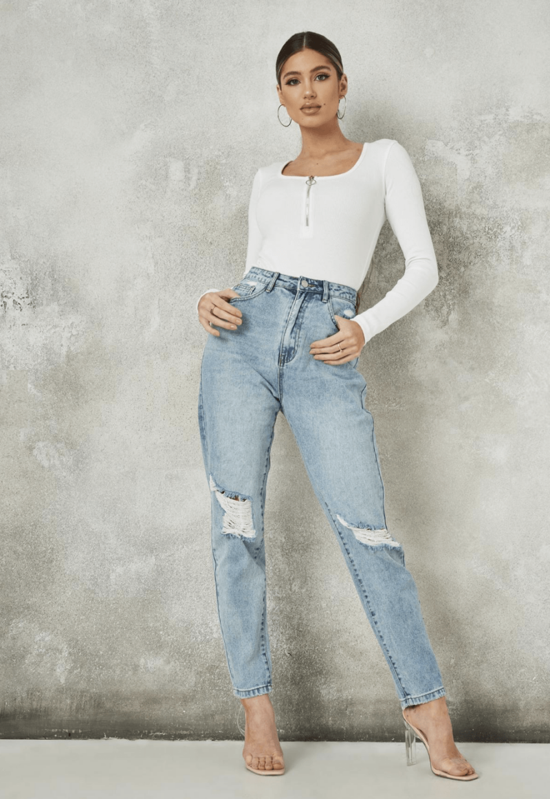 White Zip Front Ribbed Scoop Bodysuit - Image 3