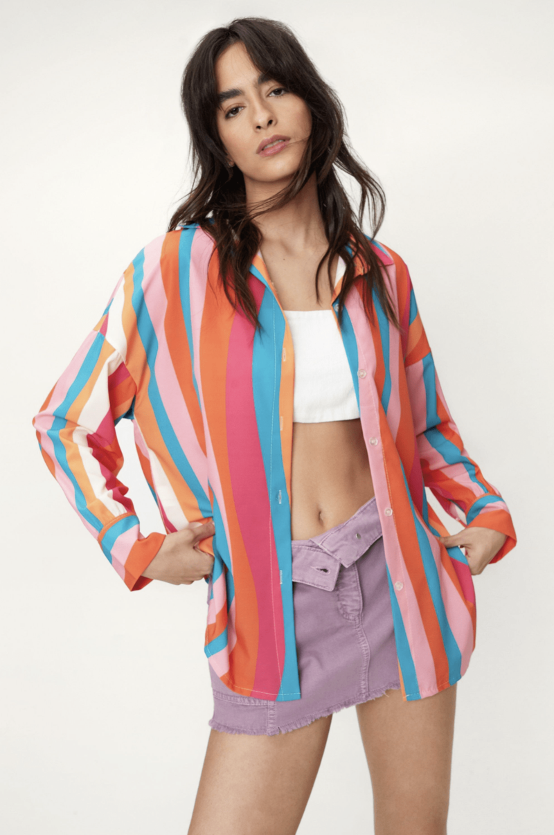 Orange Oversized Wave Stripe Boyfriend Shirt - Image 2