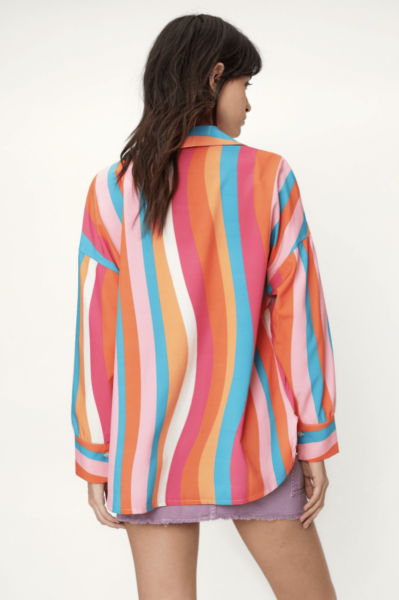 Orange Oversized Wave Stripe Boyfriend Shirt - Image 4