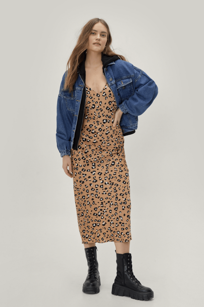 Leopard Print Satin Strappy Slip Midi Dress - Image 3