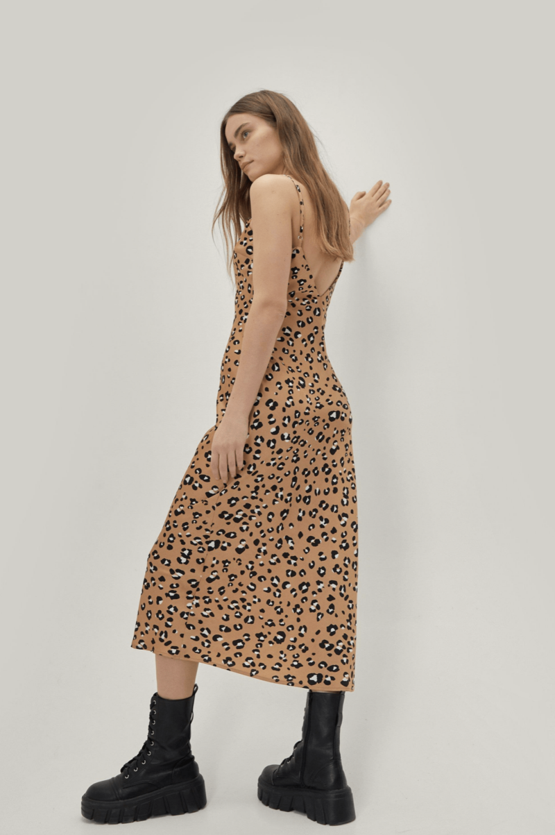 Leopard Print Satin Strappy Slip Midi Dress - Image 4