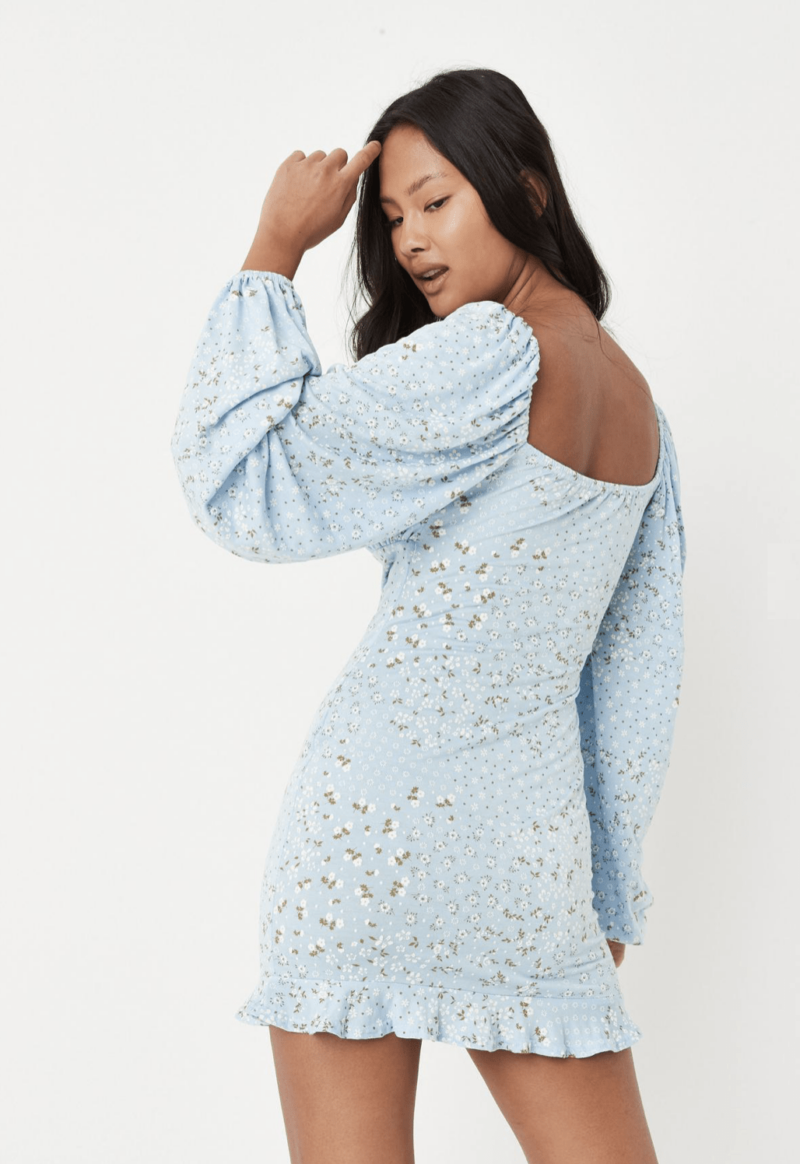 Blue Floral Print Milkmaid Dress - Image 4