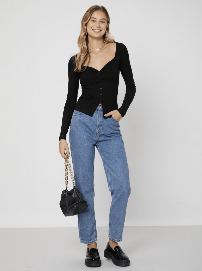 Black Rib Sweetheart Neck Long Sleeve Top - Image 4