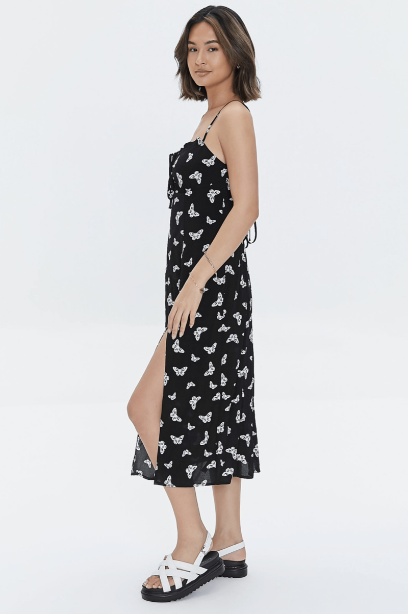 BLACK BUTTERFLY PRINT MIDI SLIT DRESS - Image 2
