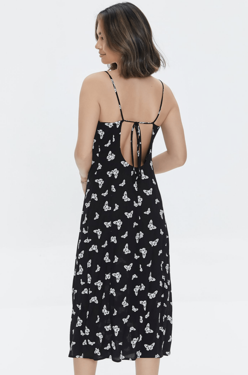 BLACK BUTTERFLY PRINT MIDI SLIT DRESS - Image 3