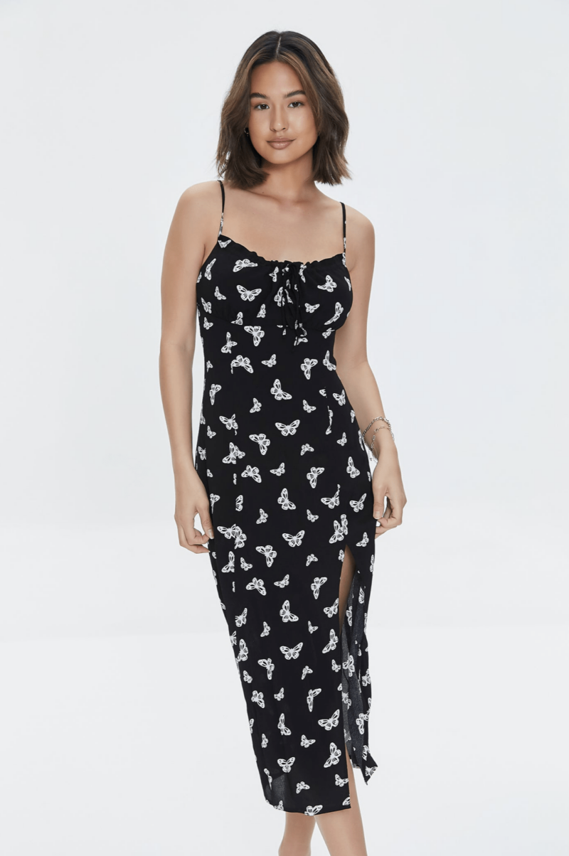 BLACK BUTTERFLY PRINT MIDI SLIT DRESS - Image 4