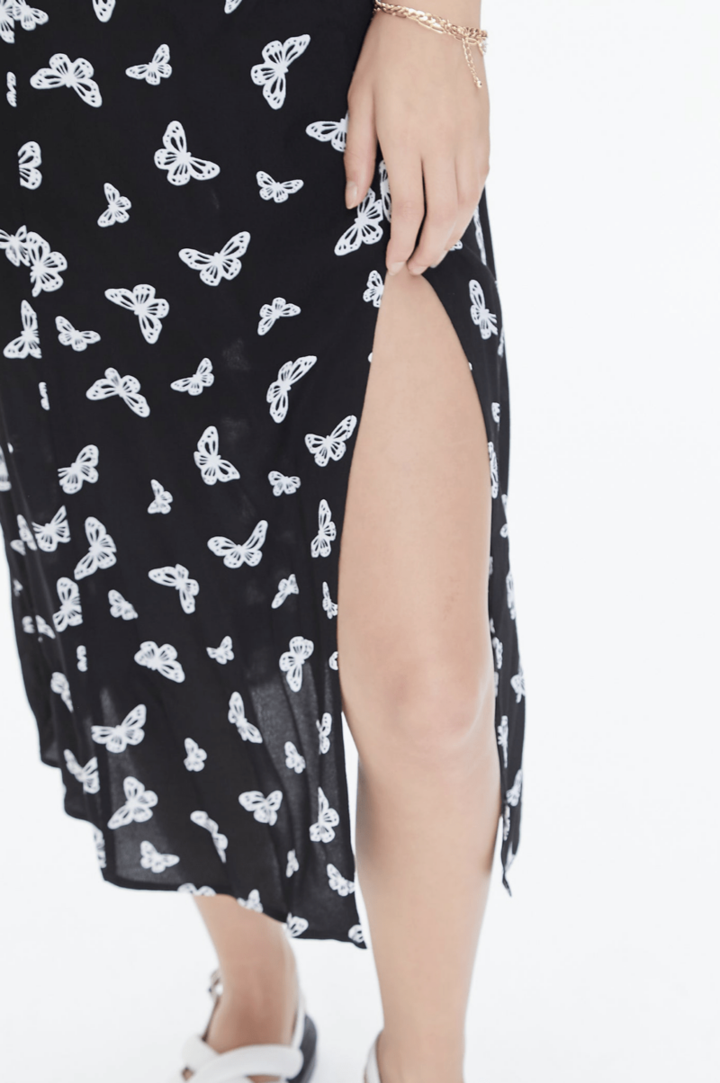 BLACK BUTTERFLY PRINT MIDI SLIT DRESS - Image 5
