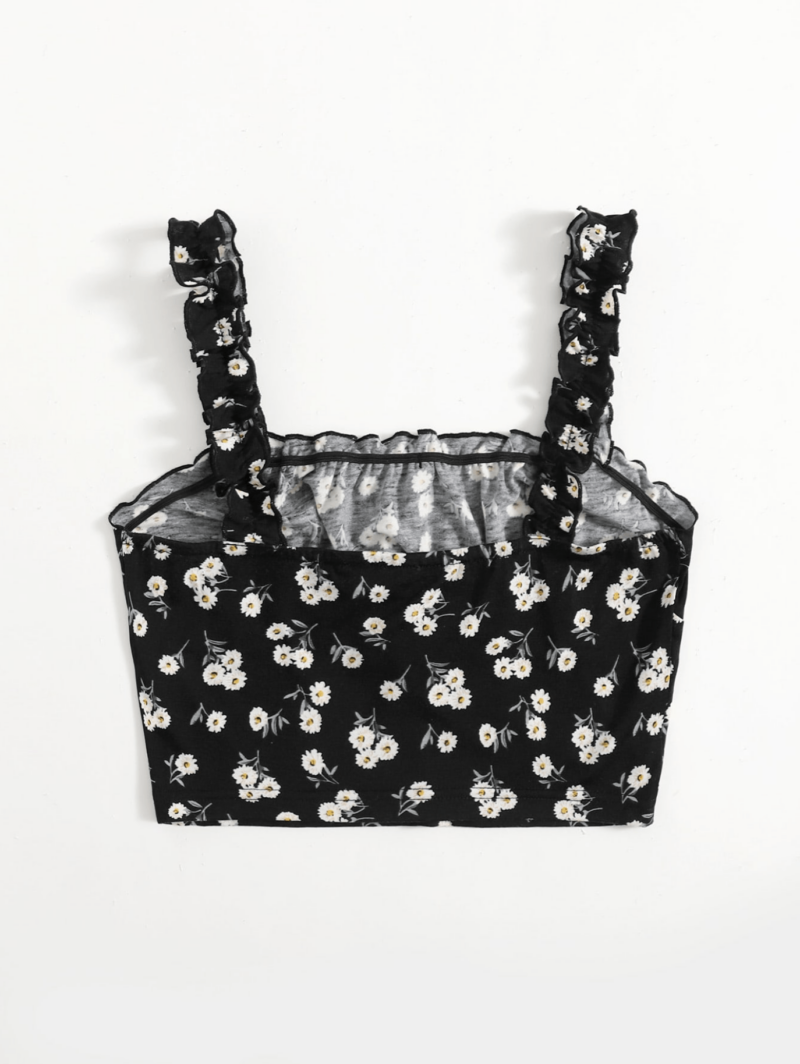 Black Floral Ruched Bust Tie Front Crop Top - Image 2
