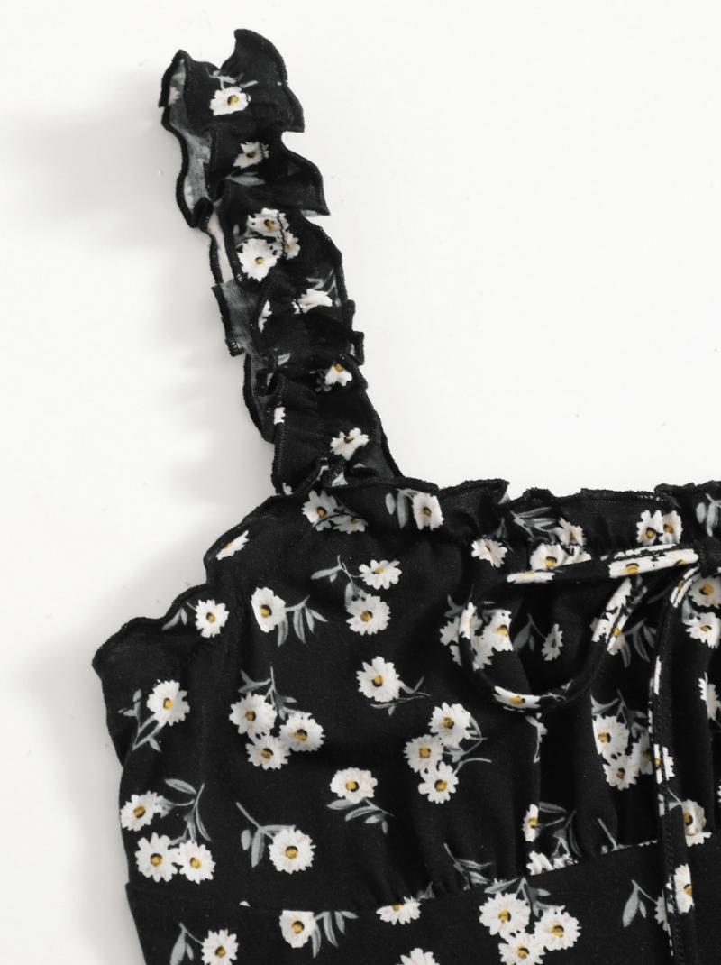 Black Floral Ruched Bust Tie Front Crop Top - Image 3