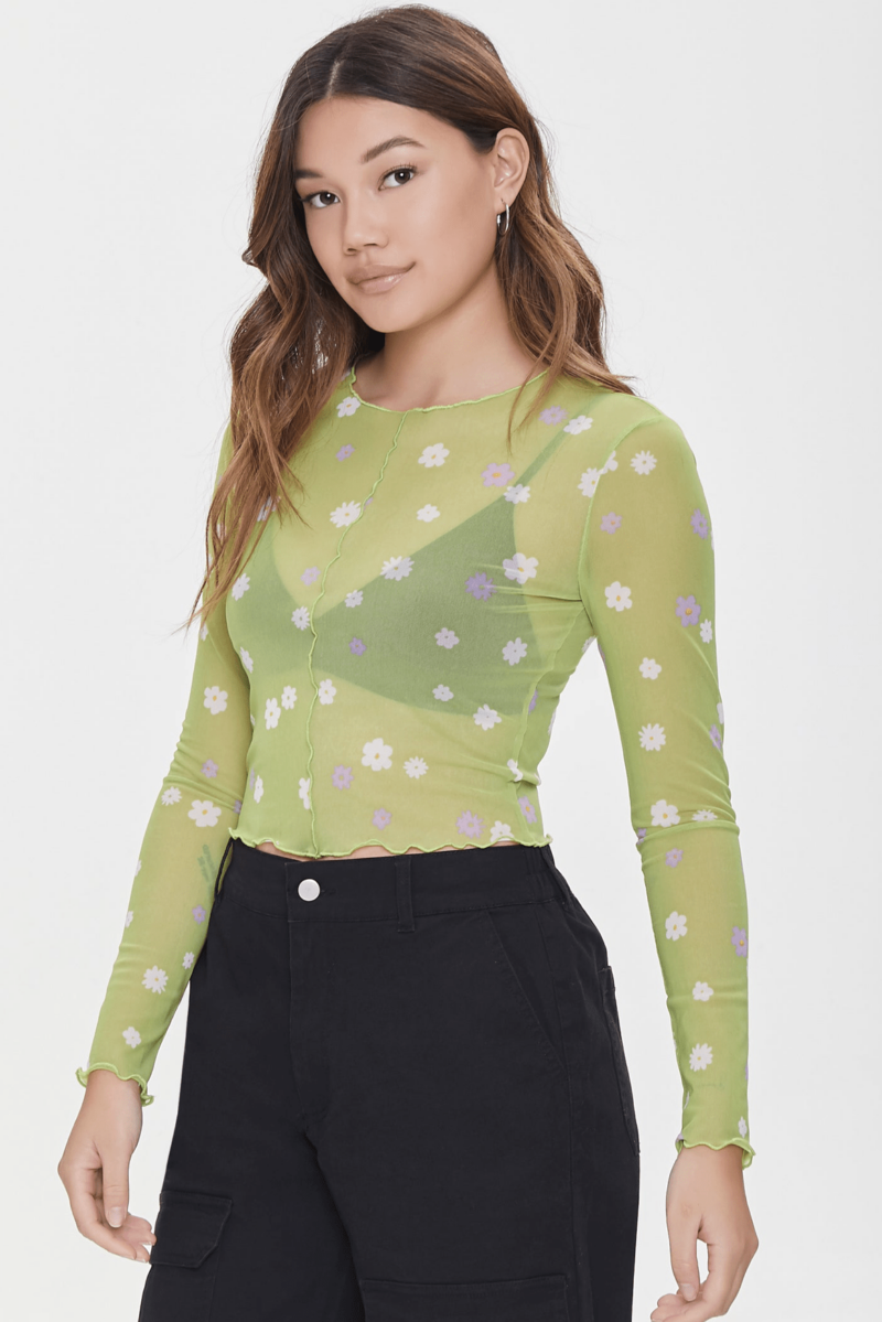 Green Floral Mesh Top - Image 2