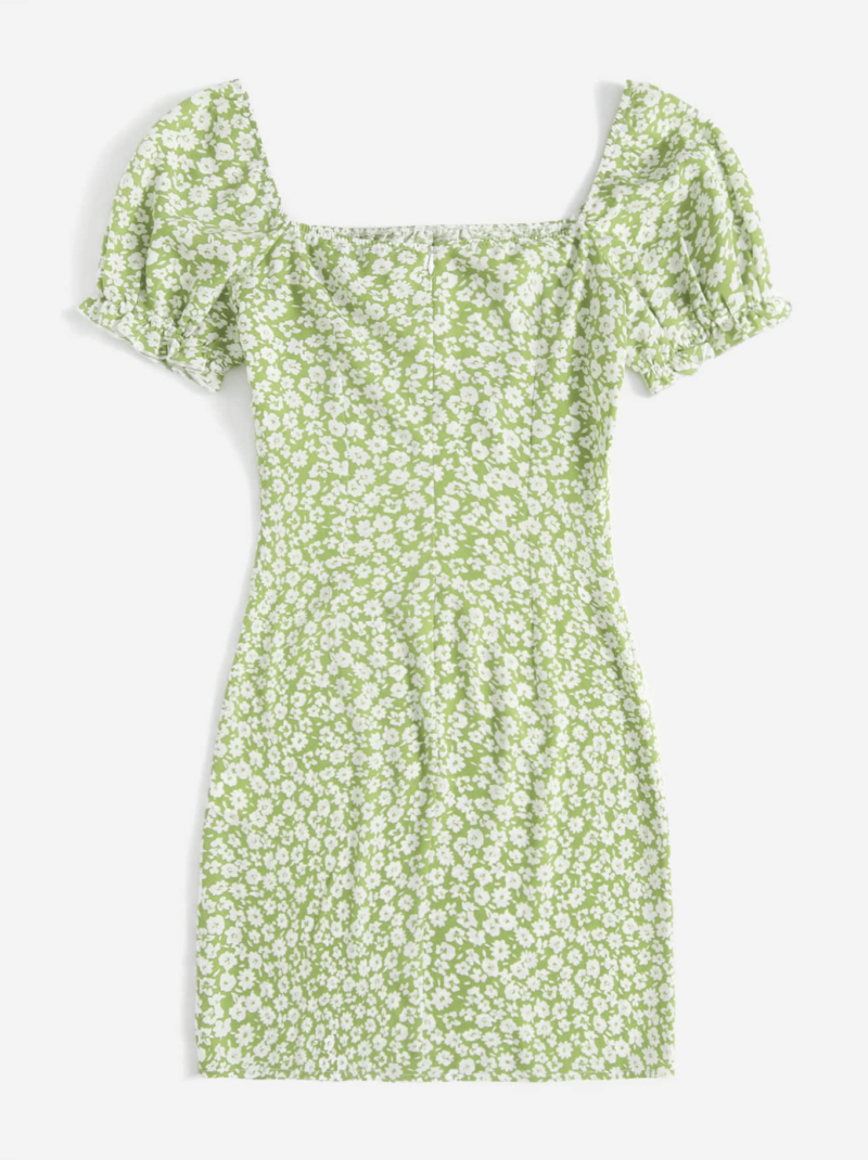 Green Floral Ruched Bust Tie Neck Dress - Image 2