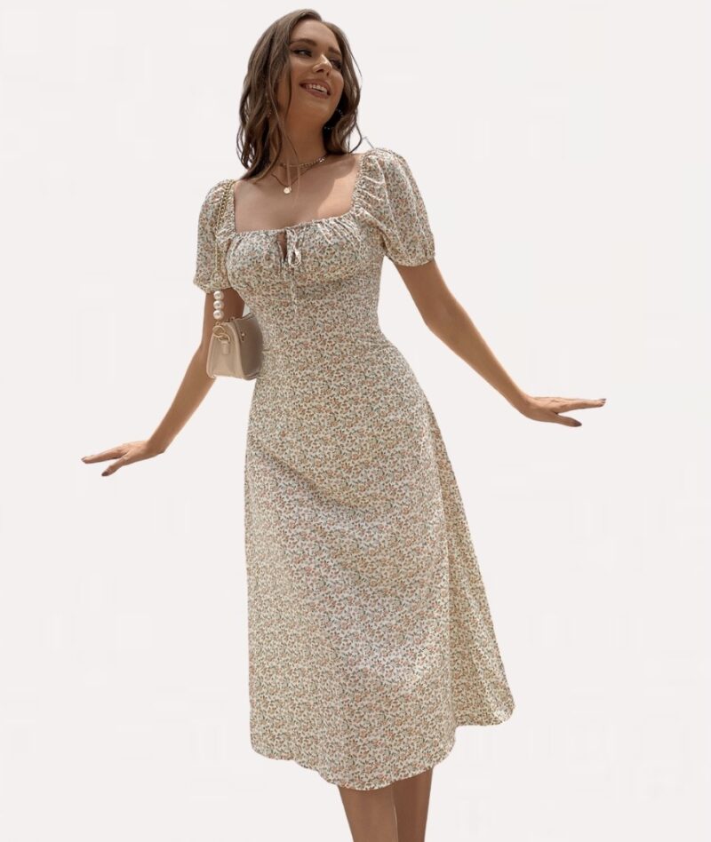 Ditsy Floral Puffy Sleeves Midi Dress - Image 3