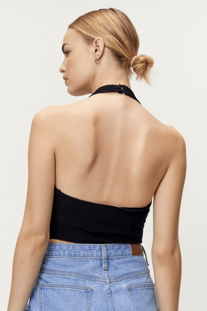 Black Rib Backless Racer Neck Crop Top - Image 2