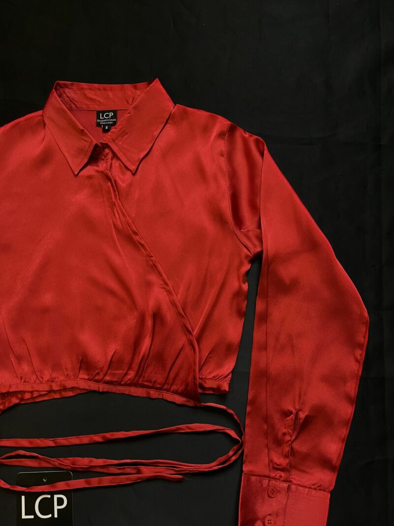 Red Wrap Around Satin Shirt Top - Image 2