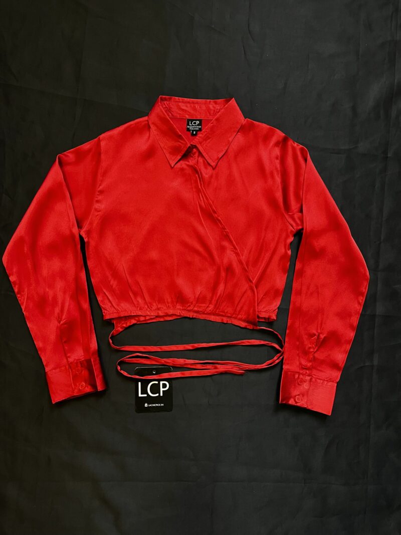 Red Wrap Around Satin Shirt Top - Image 3