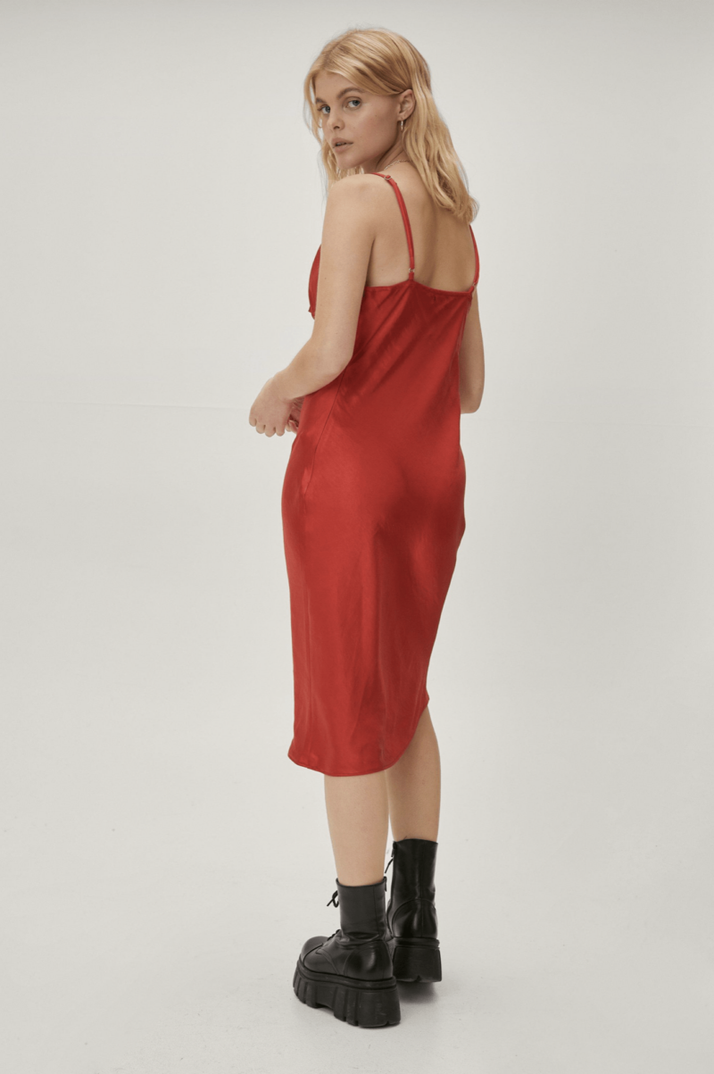 Red Satin Cowl Neck Midi Slip Dress - Image 3