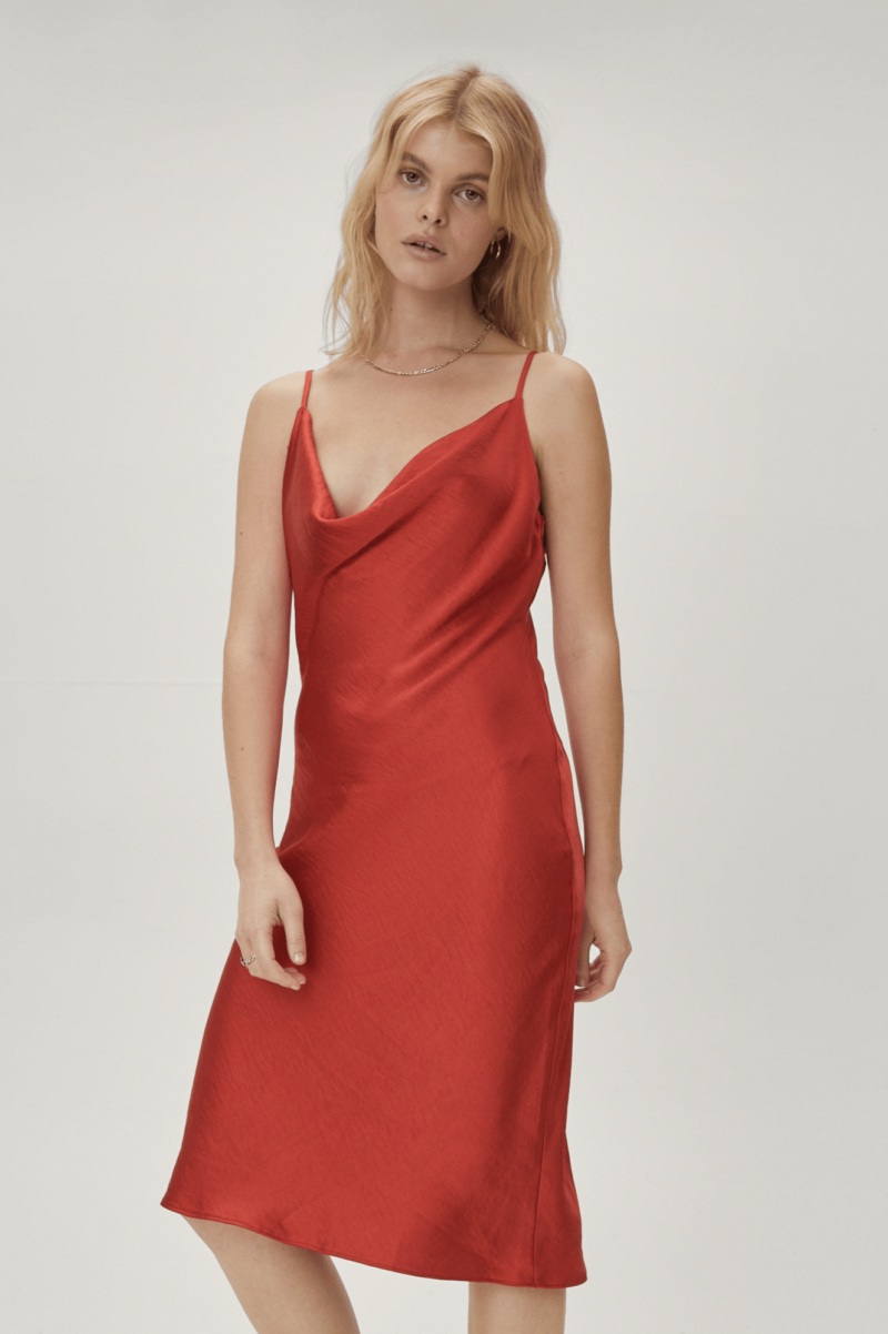 Red Satin Cowl Neck Midi Slip Dress - Image 4