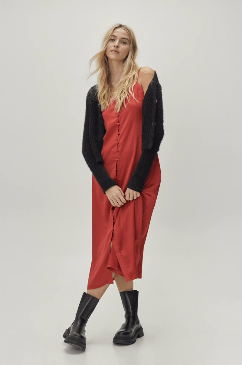 Red Button Down Strappy Satin Midi Slip Dress - Image 2