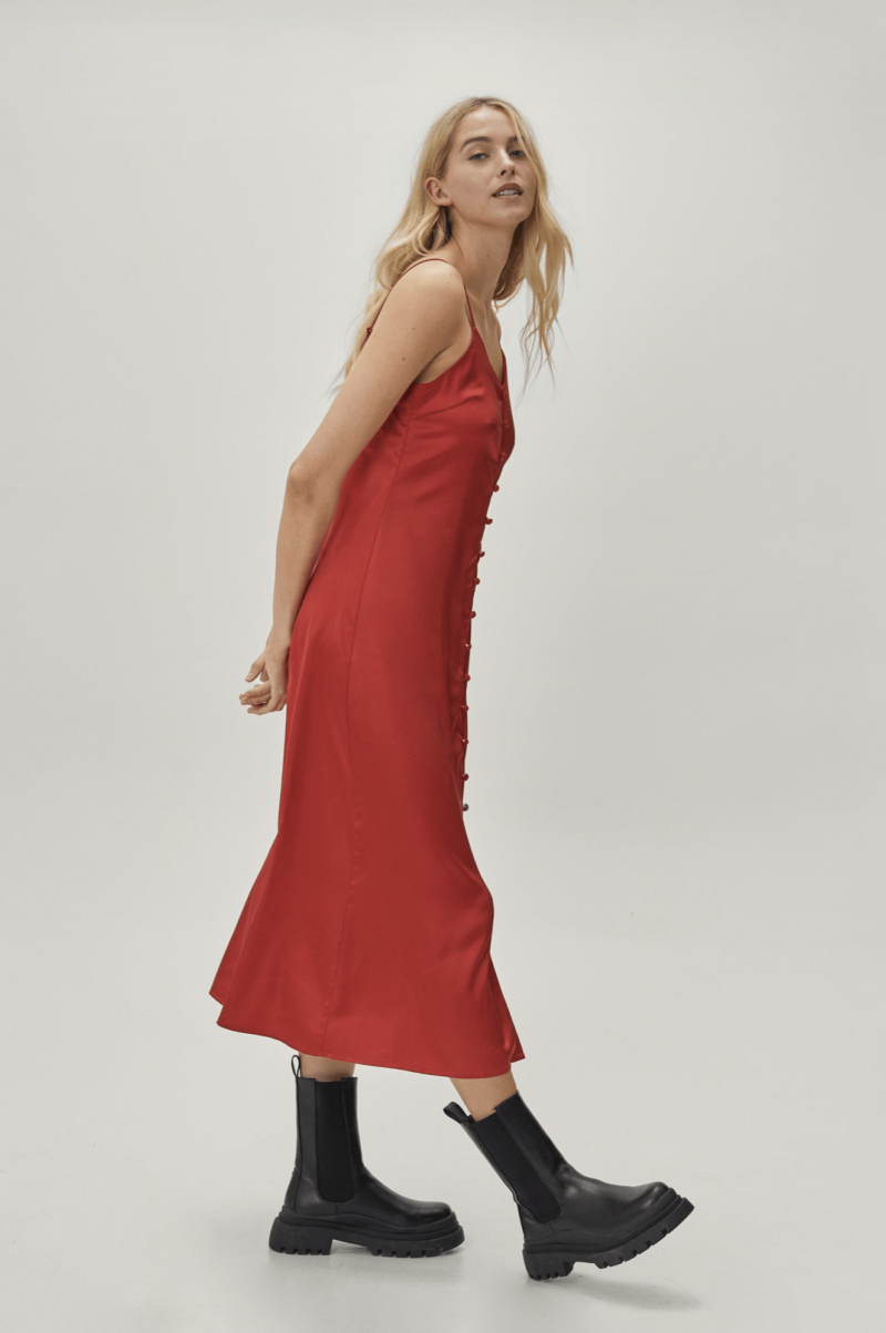 Red Button Down Strappy Satin Midi Slip Dress - Image 3