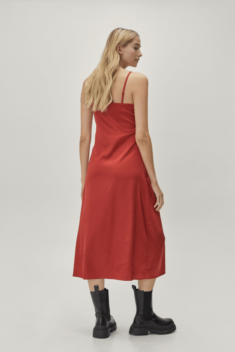 Red Button Down Strappy Satin Midi Slip Dress - Image 4