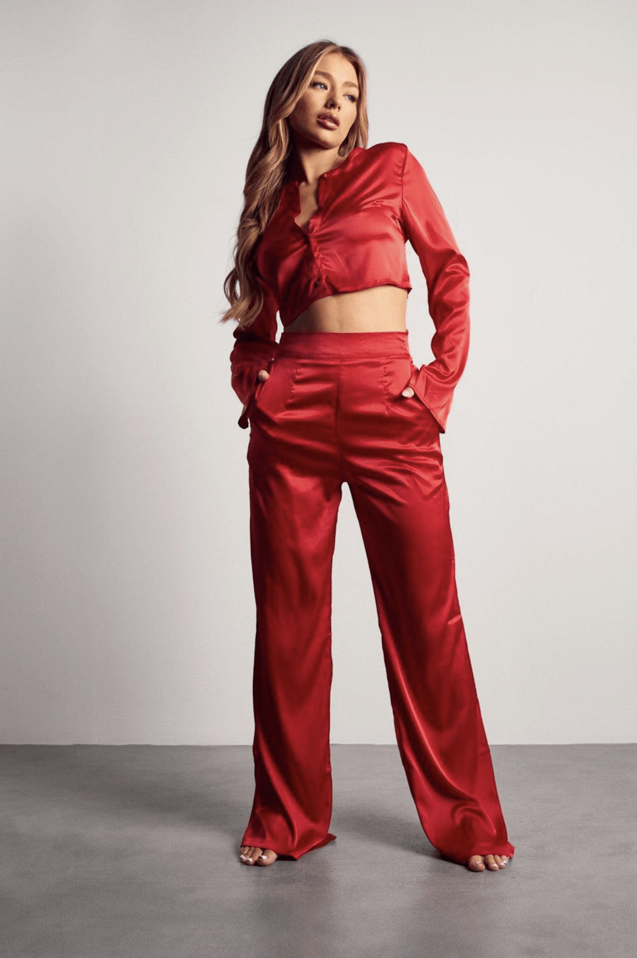 Red Satin Shirt And Wide Set – LA CHIC PICK