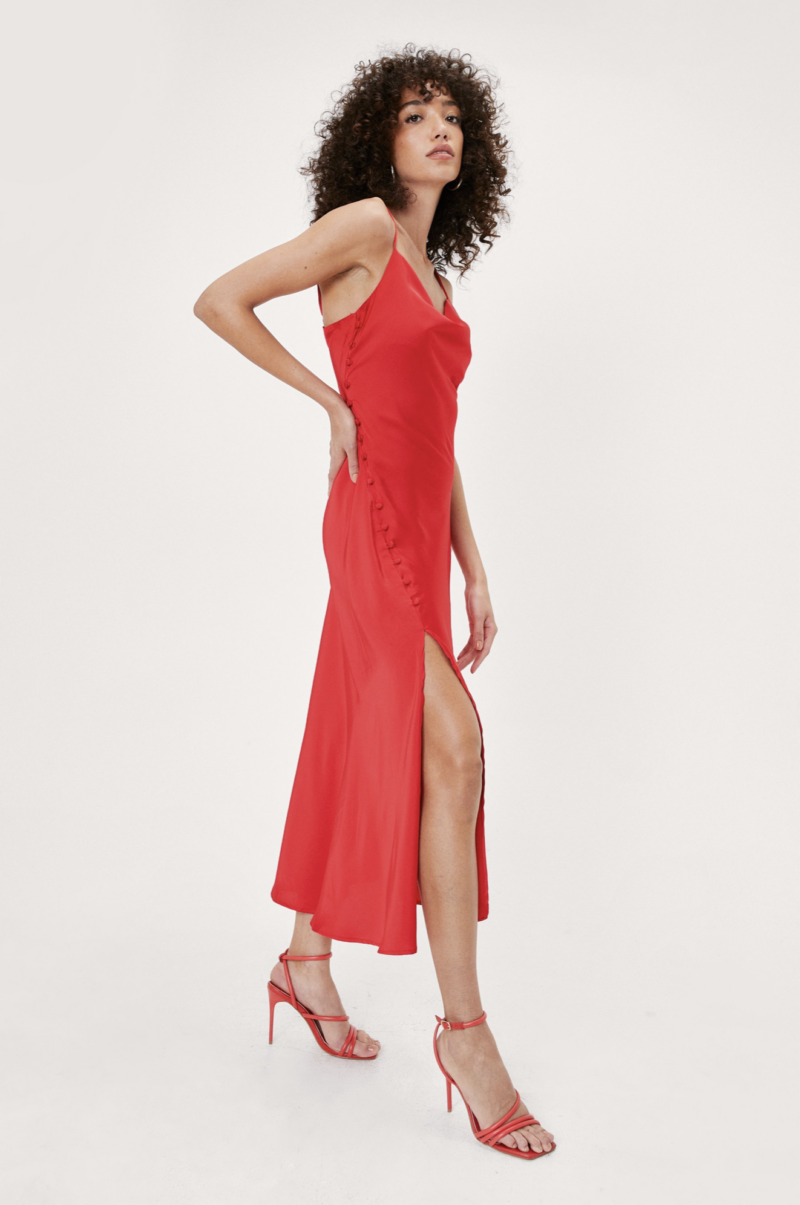 Red Satin Button Detail Cowl Neck Midi Dress - Image 3