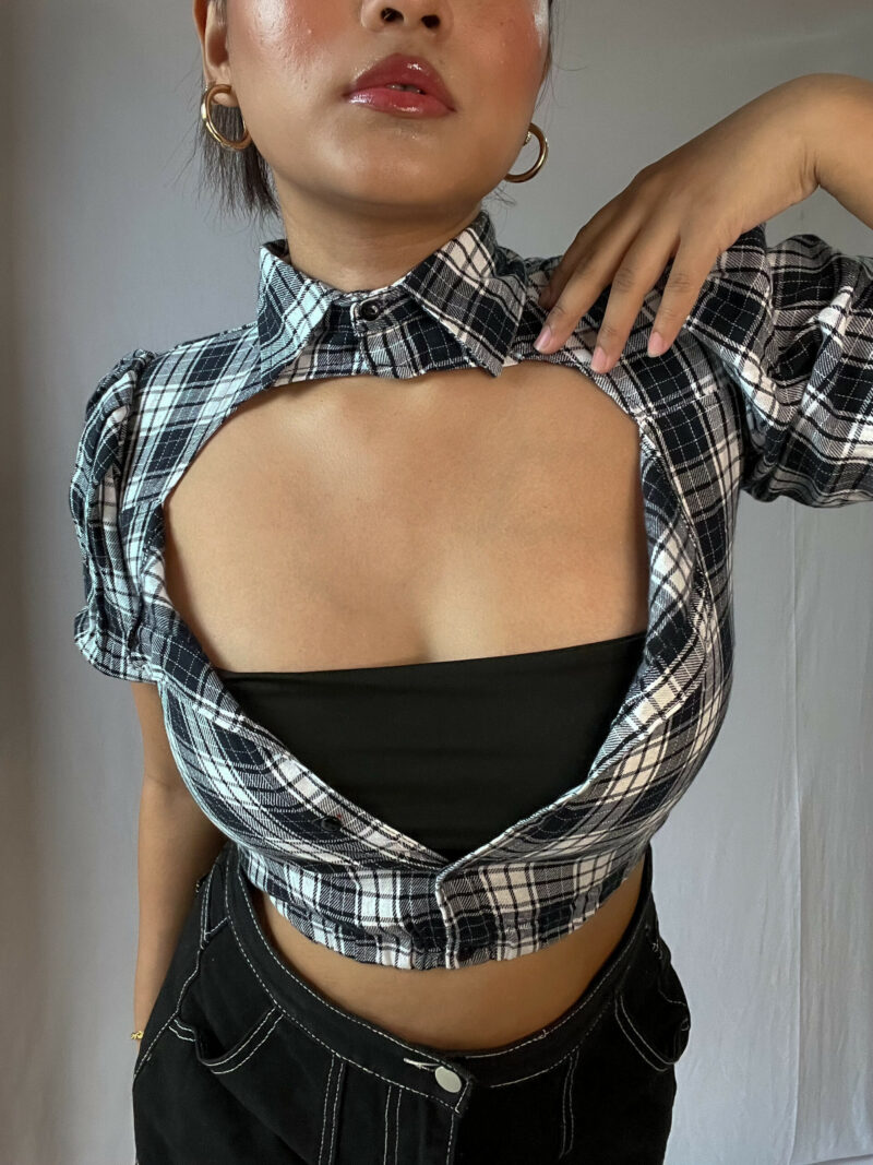 Black And White Check Cutout Shirt Top - Image 5