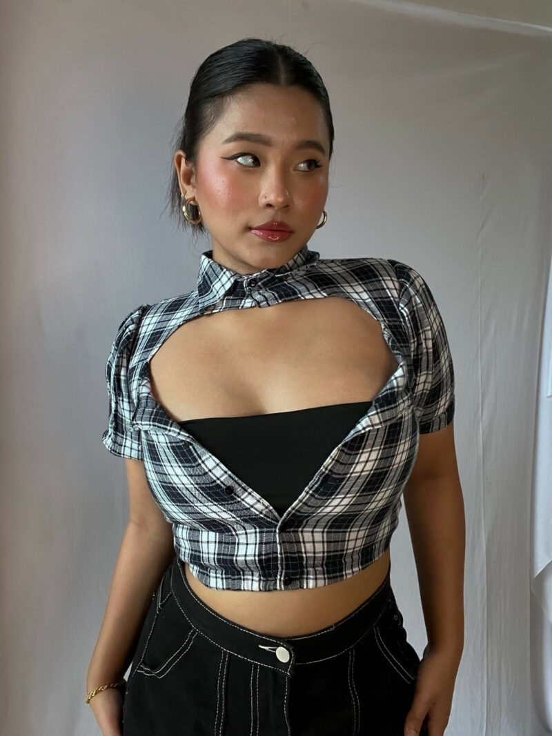 Black And White Check Cutout Shirt Top - Image 6