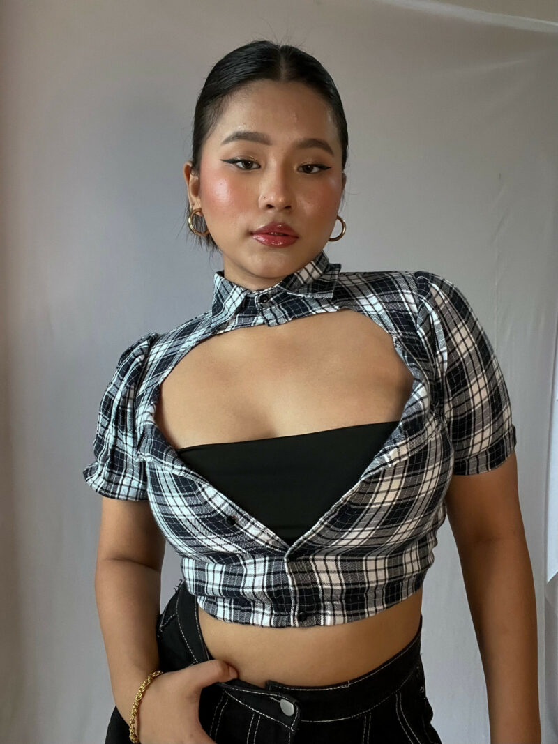 Black And White Check Cutout Shirt Top - Image 8