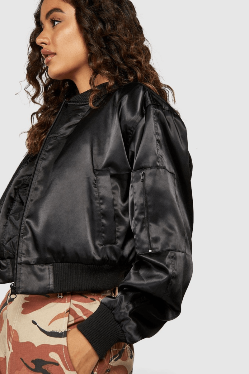 Black Satin Zip Detail Crop Bomber Jacket - Image 4