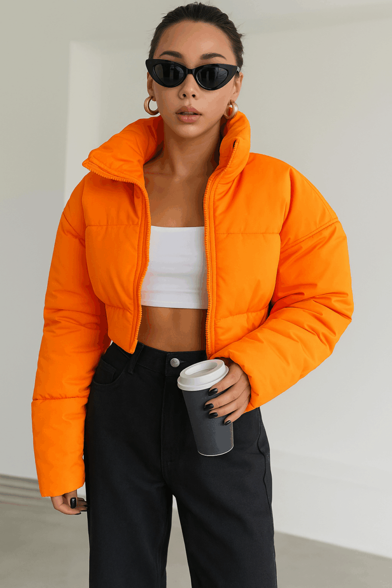 Lavender & Orange Cropped Padded Puffer Jacket - Image 2