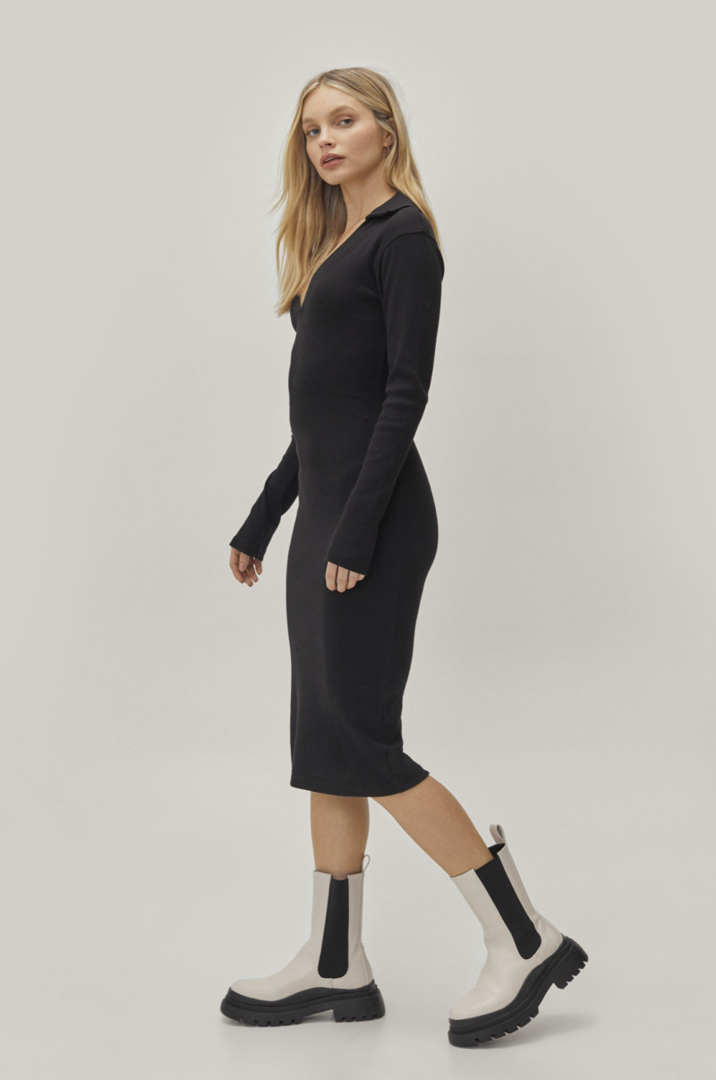 Black Rib Collar Detail Midi Dress - Image 3