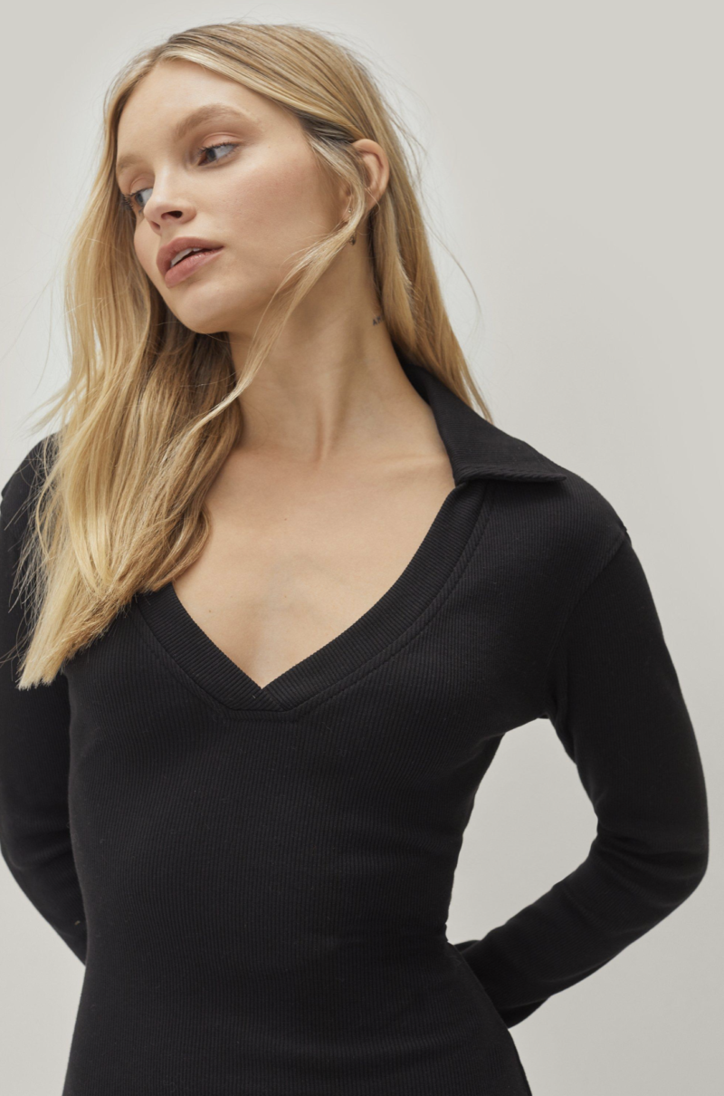 Black Rib Collar Detail Midi Dress - Image 2