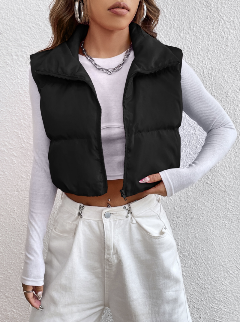 Black Zipper Front Sleeveless Puffer Jacket - Image 3