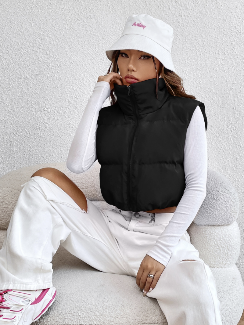 Black Zipper Front Sleeveless Puffer Jacket - Image 4