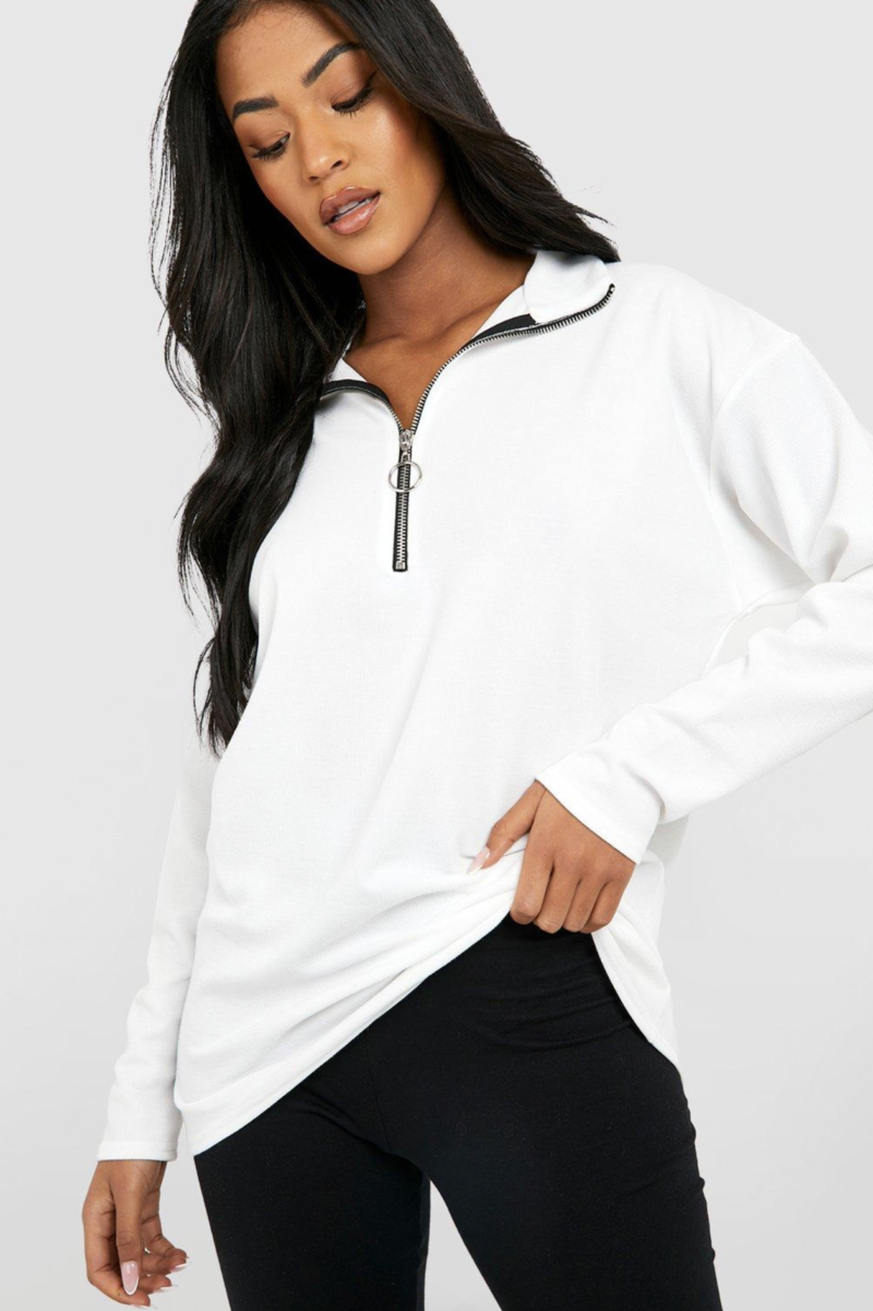 Half Ring Zipper Oversized Sweatshirt in White | Black - Image 7