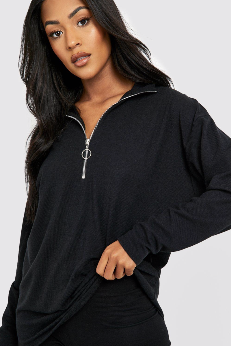 Half Ring Zipper Oversized Sweatshirt in White | Black - Image 2