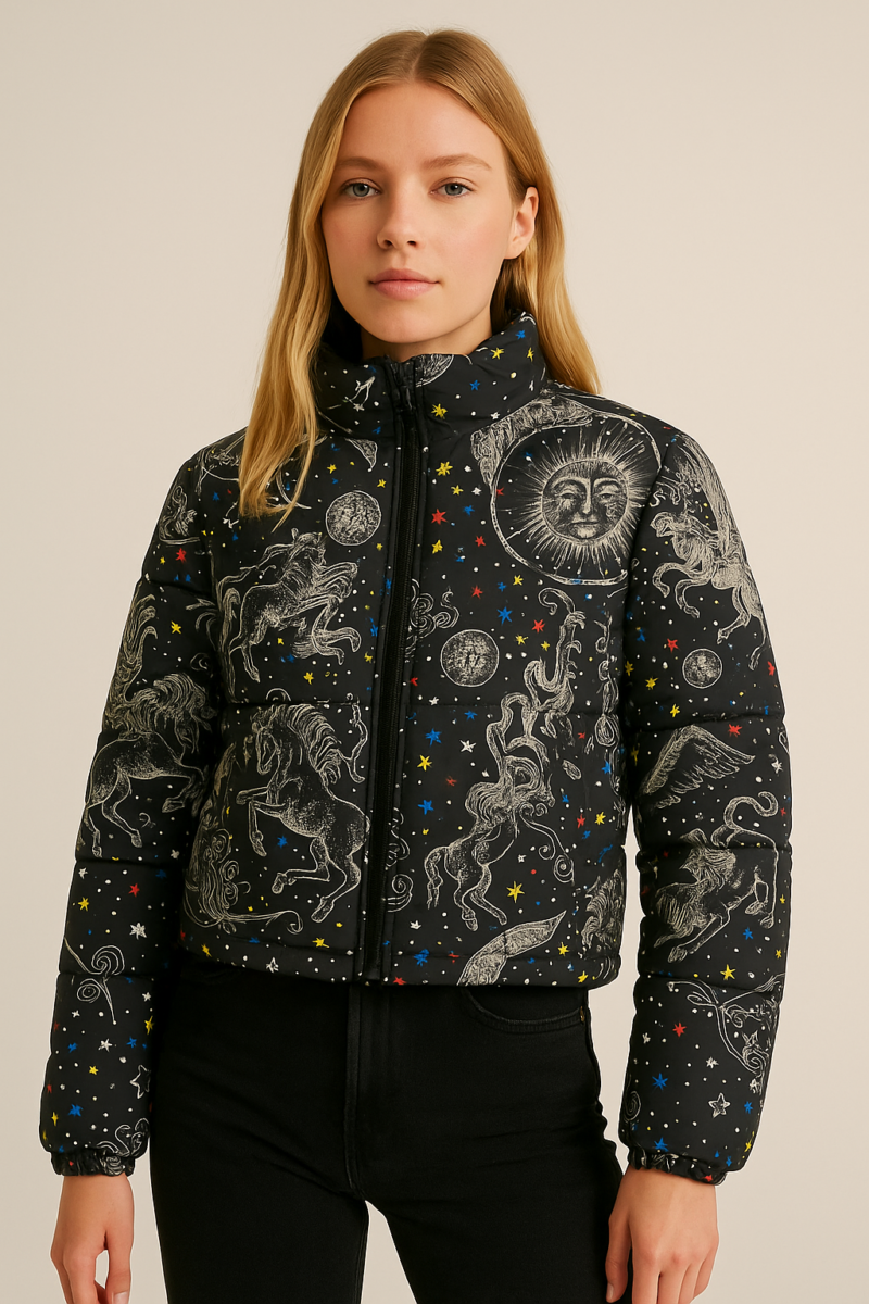 Black Star Moon Print High Neck Puffer Jacket