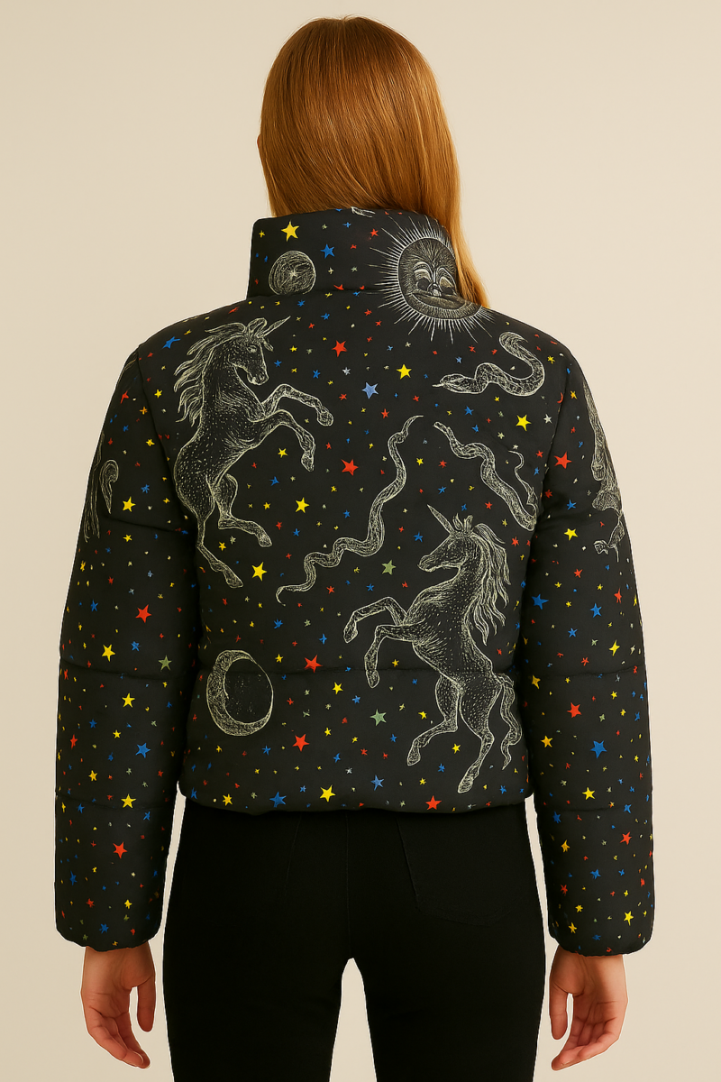 Black Star Moon Print High Neck Puffer Jacket - Image 3